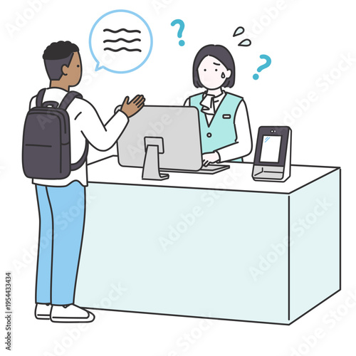 外国人男性の対応で言葉が通じず困る受付スタッフのシンプルベクターイラスト