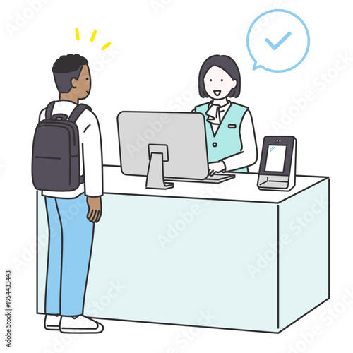 病院の受付で外国人男性の手続きを完了する女性スタッフのイラスト