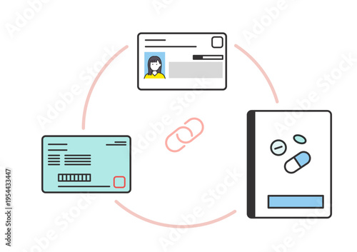 ママイナンバーカードと保険証・お薬手帳の情報連携を表すシンプルベクターイラスト