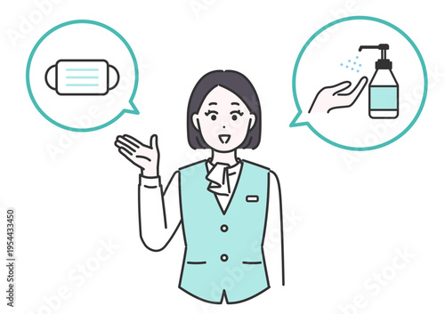 マスク着用と手指消毒を案内する医療事務スタッフのシンプルベクターイラスト