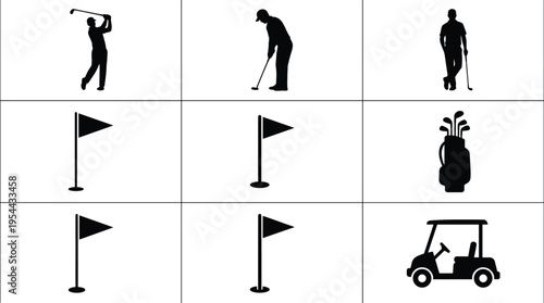 Golf sport silhouettes set with players flags cart and equipment vector illustration isolated black icons collection on white background