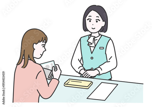 病院の受付で現金支払いをする女性患者と医療事務スタッフのイラスト