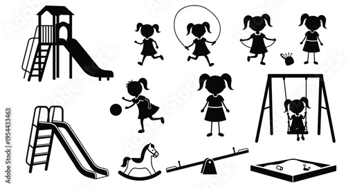 Black vector silhouette set of children playing on playground equipment for concepts of childhood 