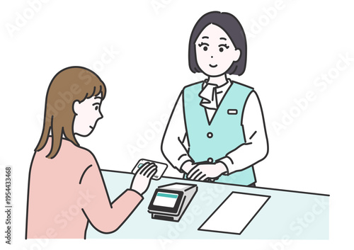 病院の受付でクレジットカード決済をする女性患者と医療事務スタッフのイラスト