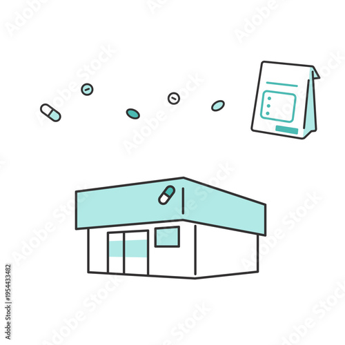 調剤薬局の建物と薬・処方箋のシンプルアイコンイラスト