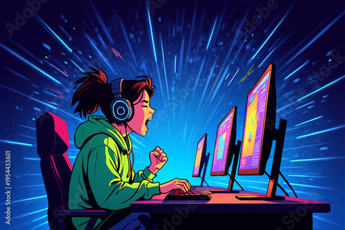 A young gamer sitting at a desk with multiple monitors