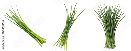 Three bunches of chives on transparent background