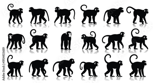 Large Collection of Black Monkey Silhouette Vector Icons Featuring Various Primates Chimpanzees and 