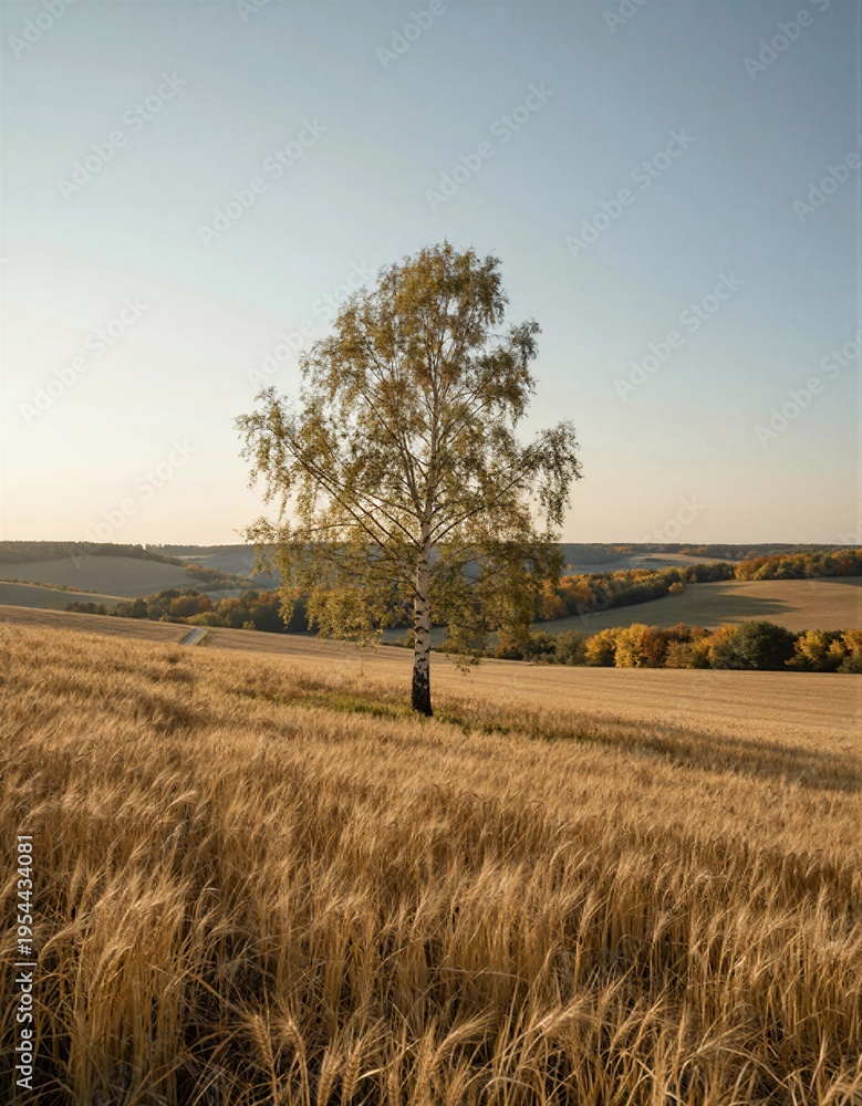 Fototapeta premium A single birch tree stands tall in a field of golden wheat, bathed in warm sunlight with long shadows stretching towards a line of trees on the horizon under a clear sky.
