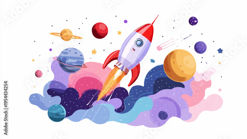 Vector illustration of a rocket launching into space with planets and colorful clouds