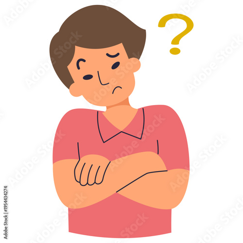 Confused Thoughtful Character Thinking Deeply with Question Mark Seeking Answers and Solving Complex Problems in Flat Cartoon Vector Illustration Style for Business Education and Psychology Concepts