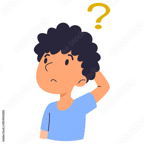Confused Thoughtful Character Thinking Deeply with Question Mark Seeking Answers and Solving Complex Problems in Flat Cartoon Vector Illustration Style for Business Education and Psychology Concepts