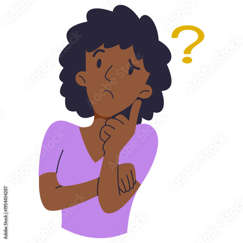 Confused Thoughtful Character Thinking Deeply with Question Mark Seeking Answers and Solving Complex Problems in Flat Cartoon Vector Illustration Style for Business Education and Psychology Concepts