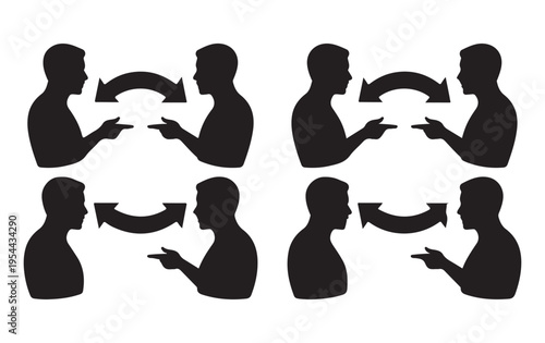 Four variations of two people pointing at each other with an arrow indicating interaction