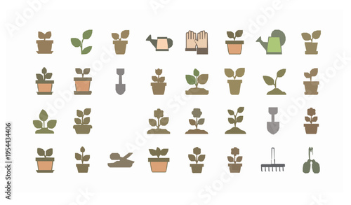 Playful gardening line art icon set with tools plants and pots in clean outline style for web print and branding isolated on white