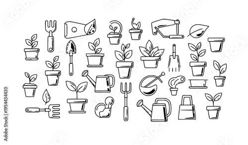 Playful gardening line icon collection with tools plants and pots in organic layout modern outline vector for branding and design