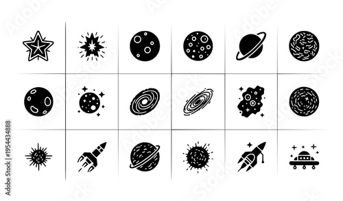 Astronomy icon pack vector set with stars, planets, galaxies, nebulae, and spacecraft