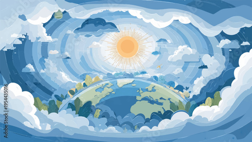 Vector illustration of Earth with sun and clouds, environmental concept