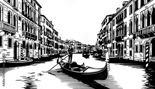 Gondola vector illustration of a romantic black and white Venetian canal scene