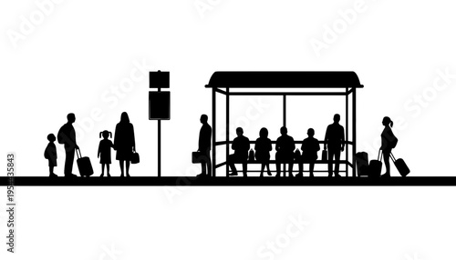 People waiting at a bus stop with luggage in silhouette style