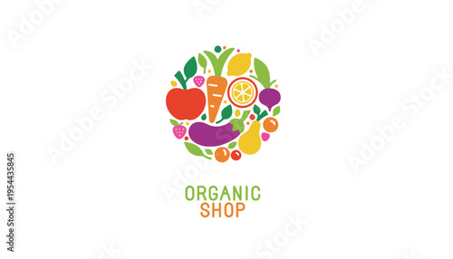 Organic shop logo with colorful fruits and vegetables illustration