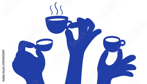 A blue hand icon holding a steaming cup of coffee illustration