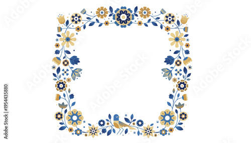 A floral frame illustration with blue and yellow flowers and a bird