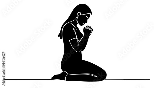 Woman praying silhouette kneeling in black and white illustration