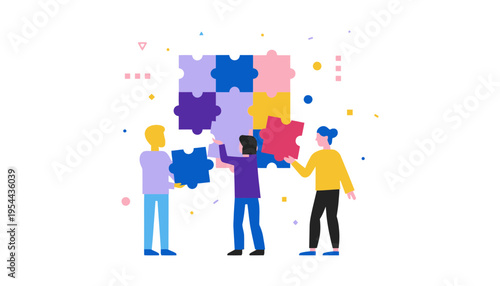 Teamwork illustration of people building a puzzle together in a colorful graphic