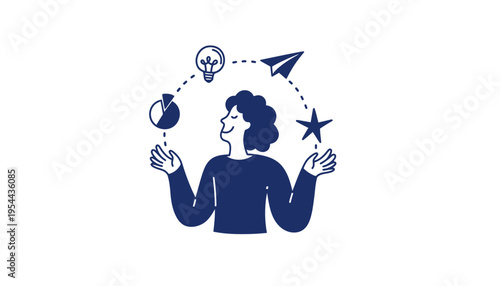 A creative person juggling multiple ideas in a minimalist illustration style