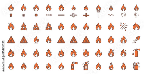 Diverse icons representing fire, safety, and related symbols in various forms

