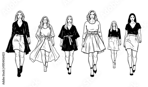 Curvy fashion runway models walking ink sketch black and white vector illustration body positivity isolated on white background