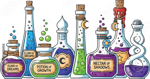 Collection of vibrant cartoon magical potion bottles filled with mystical elixirs and enchanted liquids, perfect for fantasy themes.