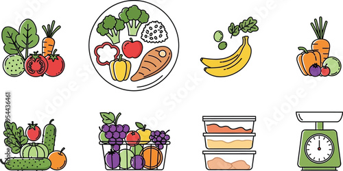 Collection of stylized vector icons representing various healthy food groups meal preparation and kitchen measurement tools