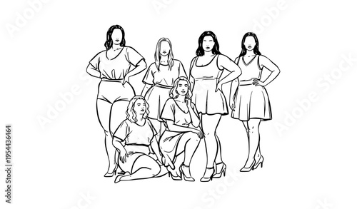 Abstract plus size fashion figures ink sketch modern black and white vector illustration body positive women isolated on white