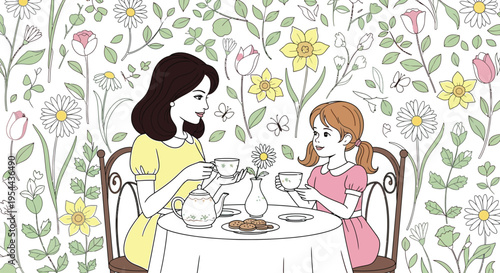 A delightful illustration capturing a mother and daughter enjoying a charming spring tea party together amidst a whimsical floral background.