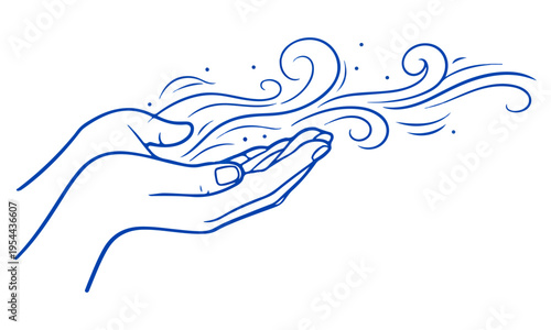 Hand releasing flowing wind swirls illustration