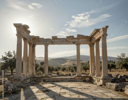 Ancient Greek temple ruins stand proudly on a hillside under clear blue skies, exuding historical significance and architectural beauty amidst weathered stone columns.