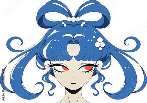 Anime girl portrait with blue hair, striking red eyes, and elaborate blue bow, unique style
