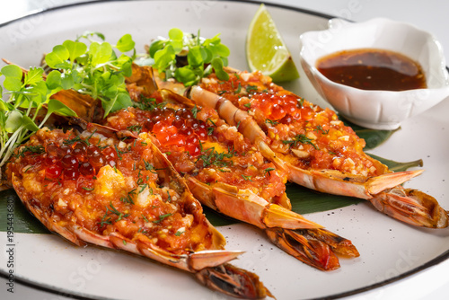 Wallpaper Mural Gourmet roasted tiger prawns topped with tomato sauce and red cavia Torontodigital.ca