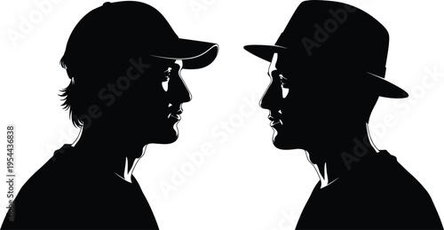 Black and white silhouette illustration of two stylish individuals facing each other, wearing baseball cap and fedora hat, contrasting fashion identity profiles