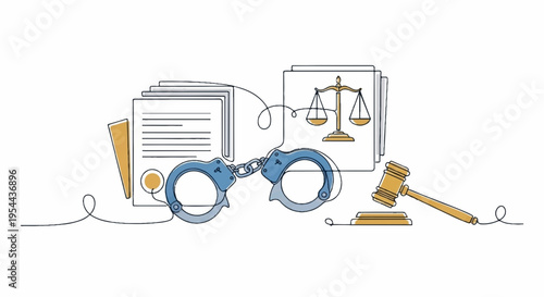 Justice system concept with handcuffs gavel law book and scales of justice on white background