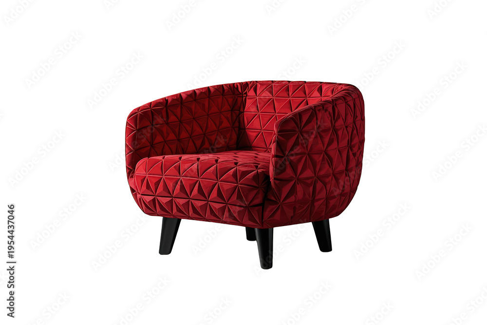 Naklejka premium Red velvet armchair with contemporary geometric quilted pattern and black legs, modern furniture on transparent background
