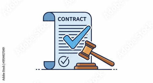 Contract agreement with gavel and approved checklist symbolizing legal approval and confirmation