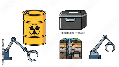 Radioactive Waste Management Vector Icon Sheet, Nuclear Disposal Symbols, Waste Barrel, Lead Container, Storage and Robotic Arm Line Art Design Set