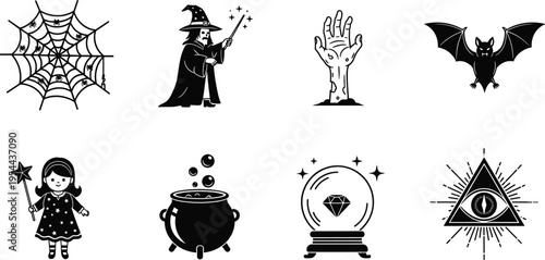 Black and white vector illustration of eight Halloween icons, spider web, wizard, zombie hand, bat, fairy, cauldron, crystal ball, mystical eye design