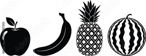 Black and white vector illustration of four fruit silhouettes, apple, banana, pineapple, watermelon, minimalist design concept, healthy nutrition art