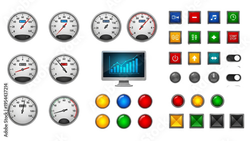 Control Room Instruments Vector Icon Sheet, Industrial Control Panel, Gauges and Dials, Machine Monitoring Buttons, Warning Lights Line Art Icon Set