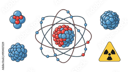 Nuclear Science and Atom Vector Icon Sheet, Atomic Physics Symbols, Proton Neutron Nucleus Bohr Model, Radiation Sign, Minimalist Line Art Icon Set