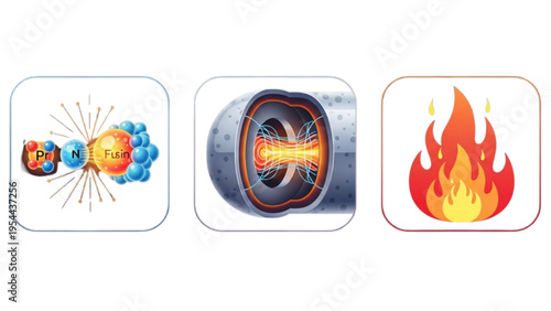 Nuclear Fusion Energy Vector Icon Sheet, Magnetic Confinement Tokamak, Atomic Plasma Reaction, High Temperature Symbols, Physics Line Art Icon Set
